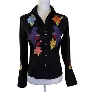 Zoompy Paris Size S Embroidered Jeweled Pearl Snap Shirt Top Western Festival